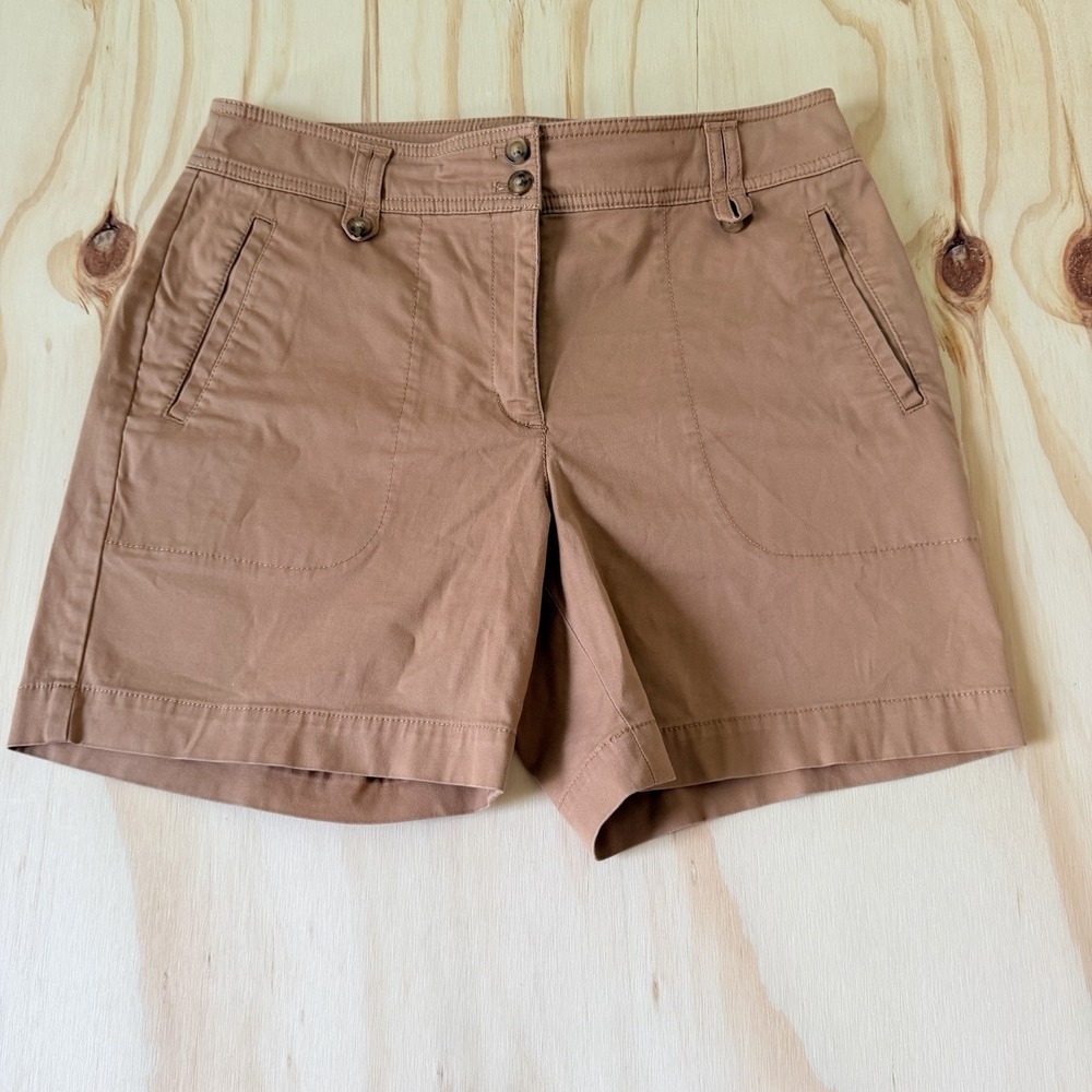 Talbots Shorts Womens Petite Size 8P Chino Khaki Brown Stretch Flat Front